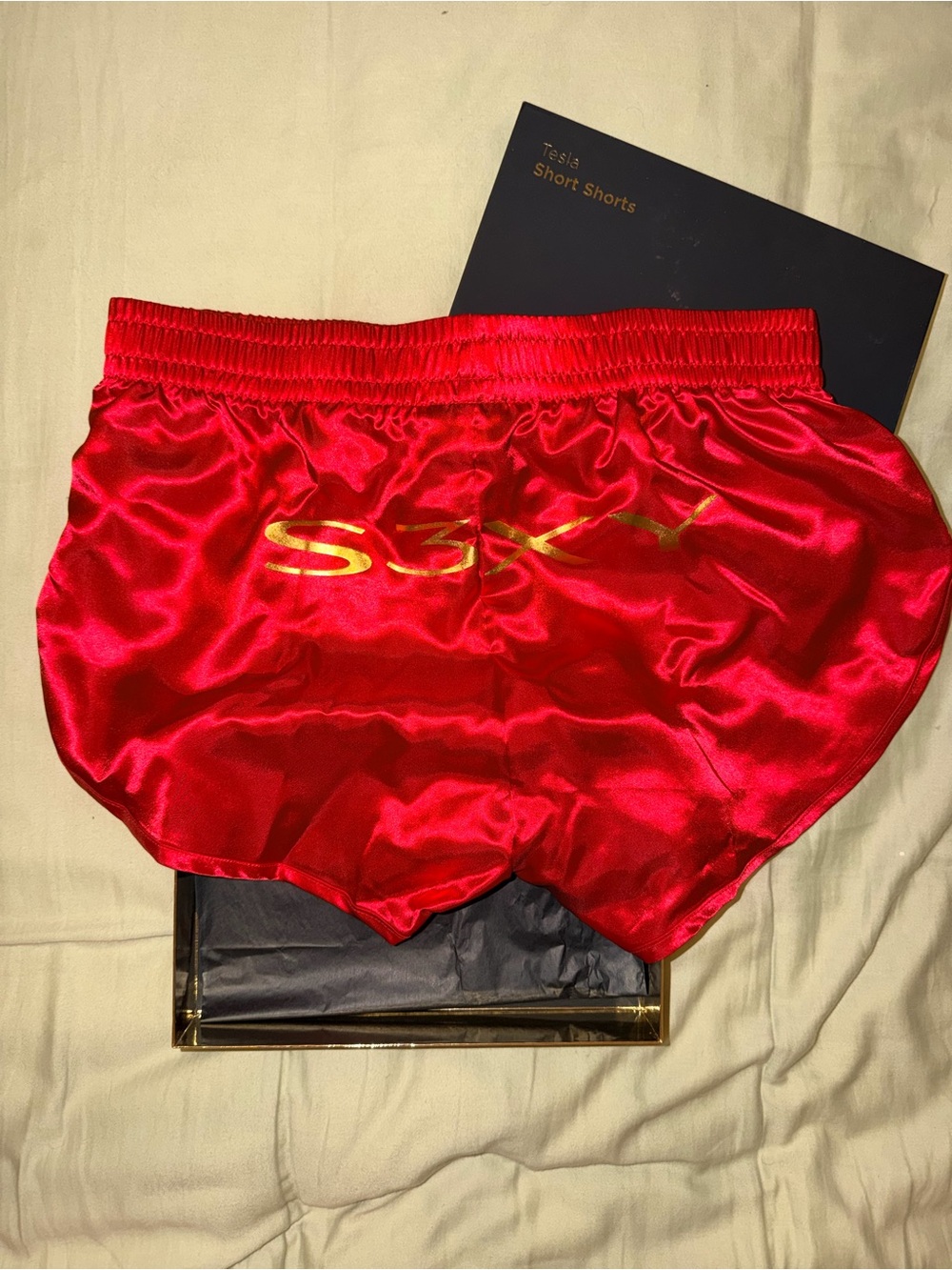 Tesla Red Satin Athletic Short Shorts with Gold Logo